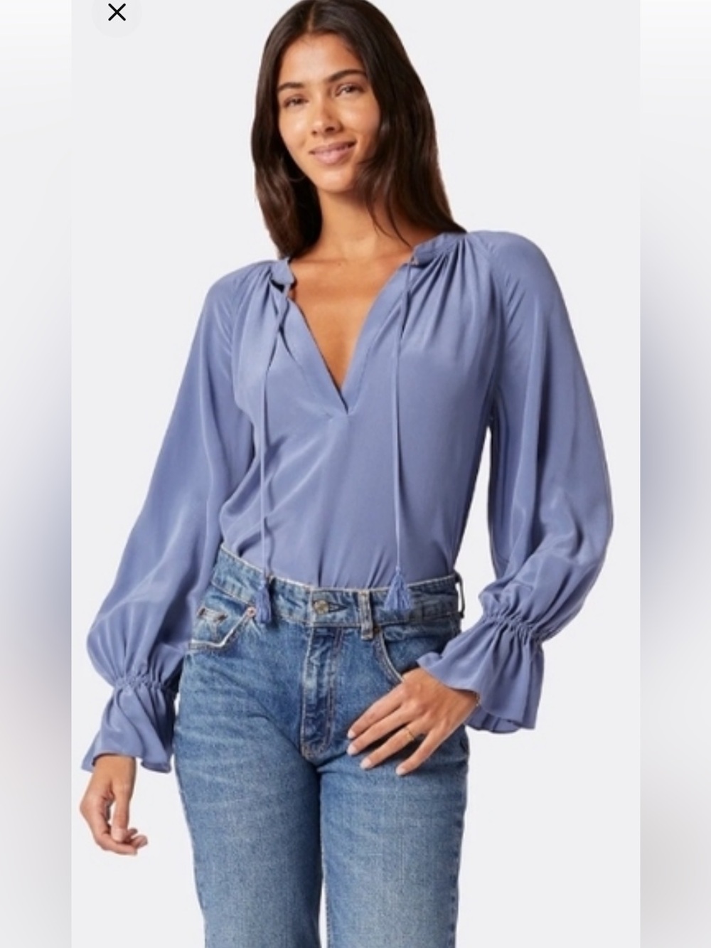 Joie Lavender Blue Tie-Neck Bishop Sleeve Blouse 100%silk l5